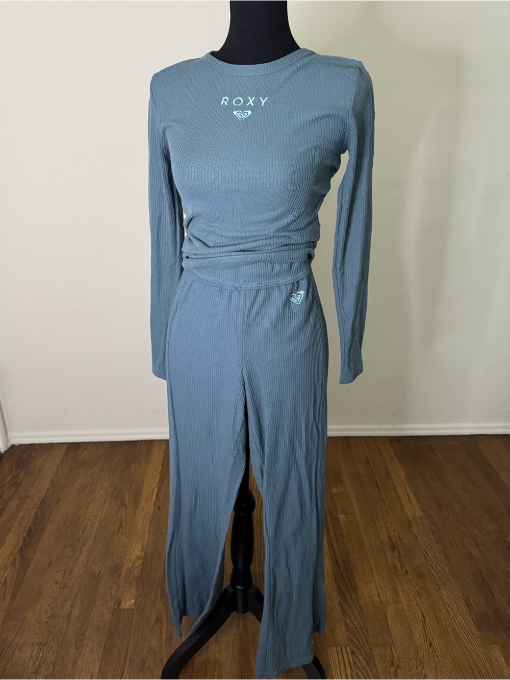 Roxy Dusty Blue Ribbed Long-Sleeve Top and Wide-Leg Pants Set